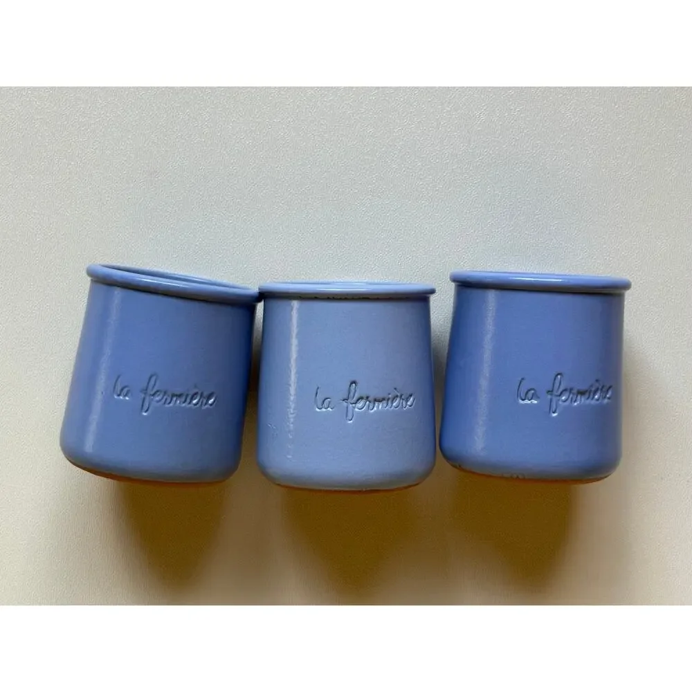 Set of 3 La Fermiere Blue French Terracotta Yogurt Pots Cups Clay Ramekins